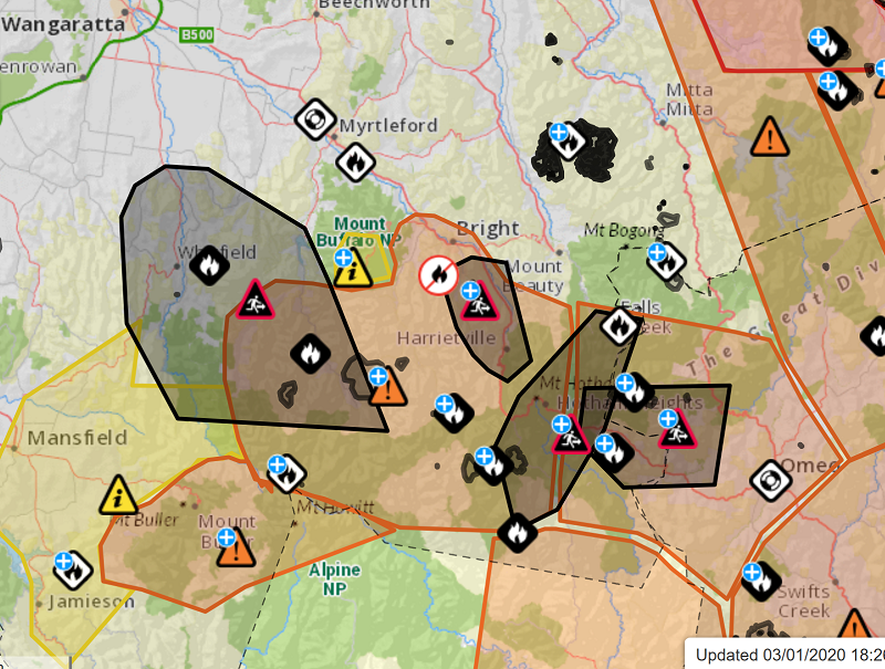 Fire map around Bright Victoria